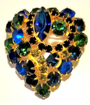 Gorgeous! Beautiful Blue Marquise Rhinestone+ Green Rhinestones Heart Brooch/Pin - £20.09 GBP
