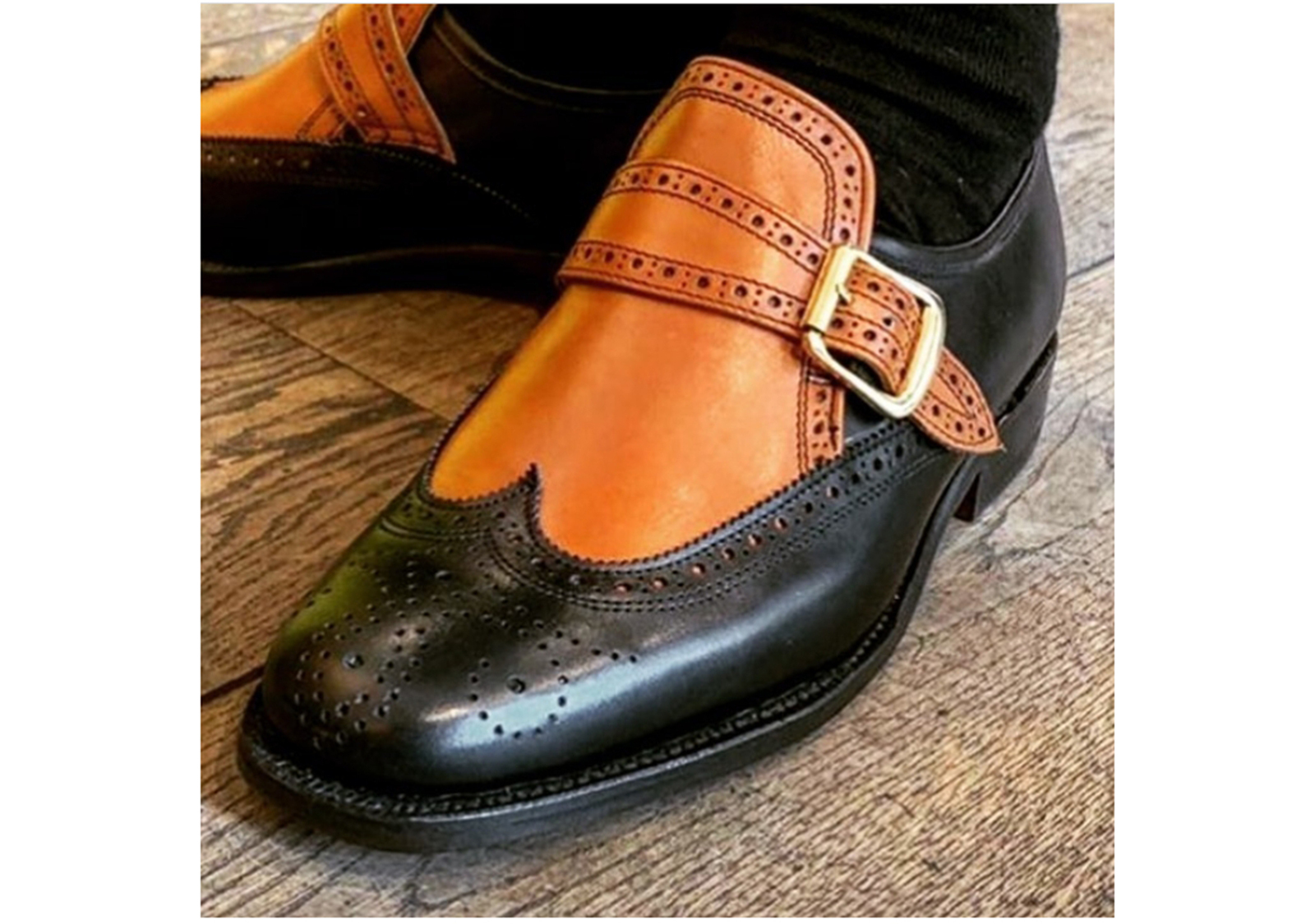 Monk Shoes Men Tan Black Cont Buckle Strap Full Brogue Premium Quality Leather