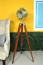 Brass Spot Light with Wooden Tripod Stand Double Fold Nautical Decor Floor Lamp - £159.59 GBP