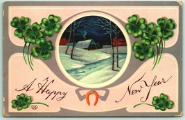 A Happy New Year Night Cabin Scene Four Leaf Clovers 1915 DB Postcard G12 - £2.28 GBP