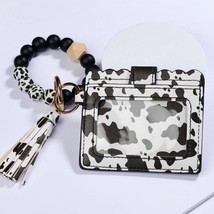 Black White Cow Print Beaded Bracelet Keyring Vegan Leather Wallet Tassel - £16.07 GBP