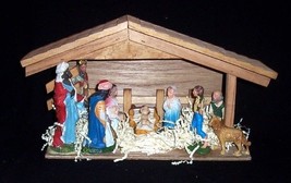 9 Piece Wood Nativity Creche/Manger Set w/8 Plaster Paris Figures - £11.73 GBP