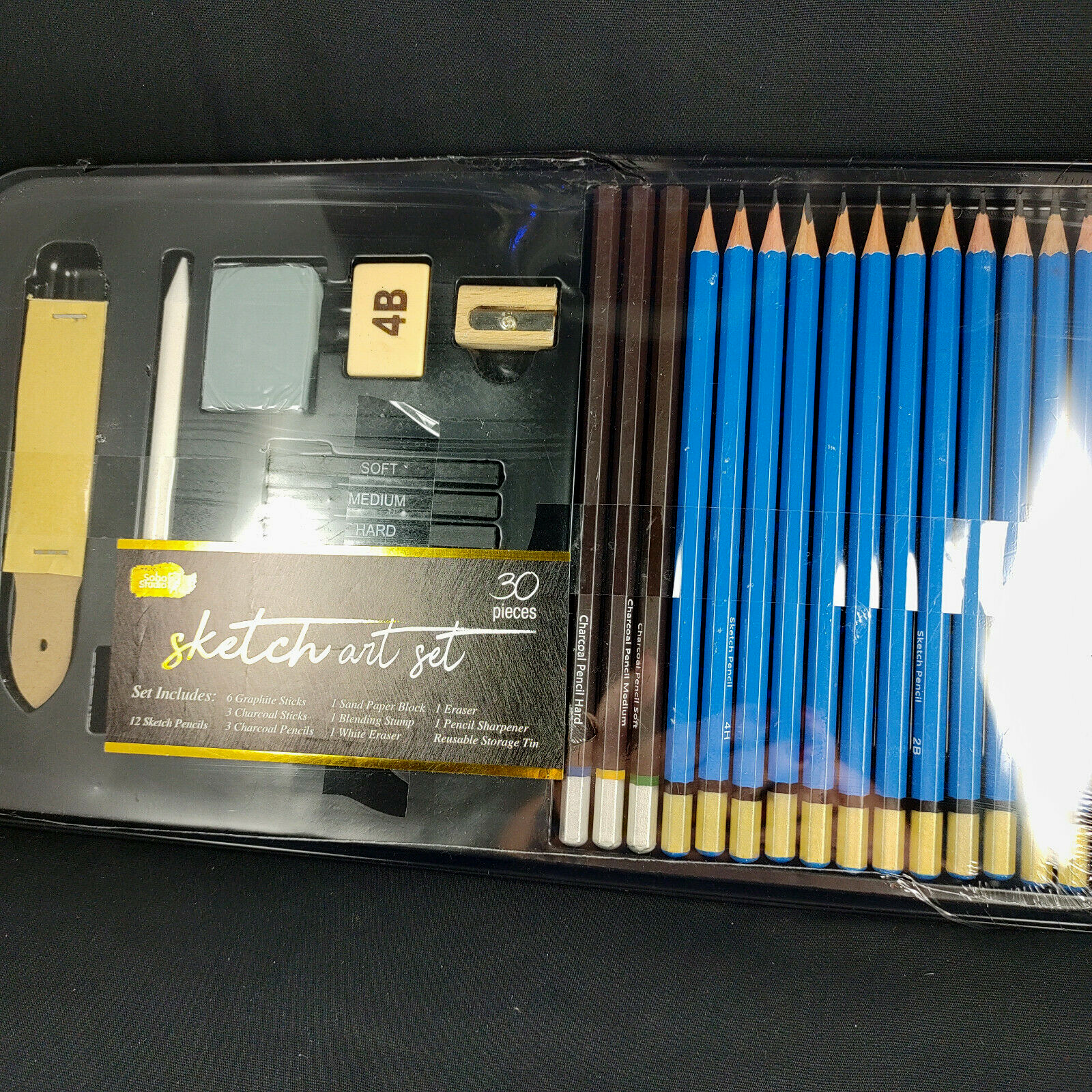 Soho Studio 30 Pc Sketch Art Set in Metal Case Charcoal Graphite Blender Storage - $23.36