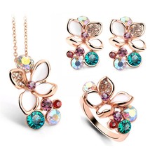 Fashion Multi Color Flower Crystal Rhinestone Gold Color Pendant Necklace/Earrin - £17.09 GBP