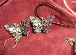 Necklace and Keychain SET of 2 Black Purple Butterflies Mixed Media Gift... - €12,86 EUR