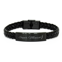Super Mensch Yiddish Engraved Black braided bracelet with Vegan Leather Special - £17.40 GBP