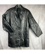 Vtg 100% Leather Jacket Mens Med 70s Black Patchwork Double Breasted Lon... - $73.58 CAD