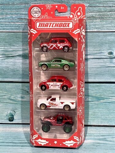Primary image for Matchbox 2020 5 Pack Christmas Holiday GMN02 Mini Mustang Beetle Truck Jeep