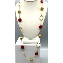 Vintage Kiam Family Beaded Chain Necklace, Red and Gold Tone - £30.16 GBP