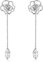 18K Gold-Plated 925 Sterling Silver Rose Earring Set, 2 in 1 Rose Stud  (Silver) - £15.12 GBP