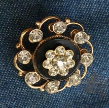 Elegant Black Glass &amp; Crystal Rhinestone Gold-tone Brooch 1950s vintage 1&quot; - £10.35 GBP