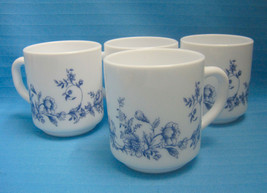 Arcopal Glenwood France Mug Milk Color Glass Drink Set of 4 Blue Flora Flower - £30.29 GBP