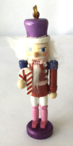 Nutcracker Wood Christmas Ornament with Candy Cane Pink Purple Red White 5&quot; Tall - £11.59 GBP