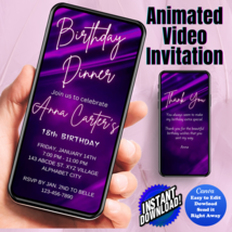 Any Age Invite, Birthday Dinner Purple Digital Invitation Animated Video... - £4.68 GBP