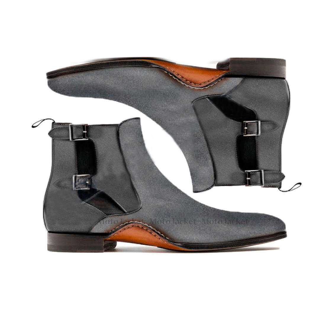 Monk Ankle Boots Men's Gray Suede Leather Double Buckle Strap Premium Quality