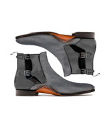 Monk Ankle Boots Men&#39;s Gray Suede Leather Double Buckle Strap Premium Qu... - £122.86 GBP