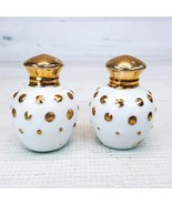 Vintage White Porcelain 2.5&quot; Salt &amp; Pepper Shaker Set w Gold Polka Dots ... - $19.39