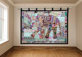 Elephant Wall Hanging Patchwork Big Tapestry Hand Embroidery Curtain Throw Decor - £115.75 GBP