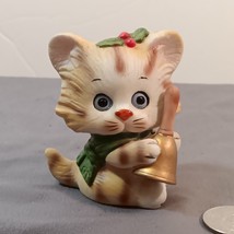 Vintage Miniature Anthropomorphic Christmas Kitten/ Cat with Gold Bell Figurine - £7.89 GBP