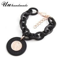 Vintage Acrylic Link Chain Bracelet For Women Jewelry Queen&#39;s Head Gold Coin Pen - £11.40 GBP