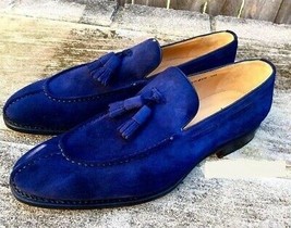 Tassel Loafer Slip Ons Men Blue Tone Genuine Suede Leather Men Handcraft... - $149.99+