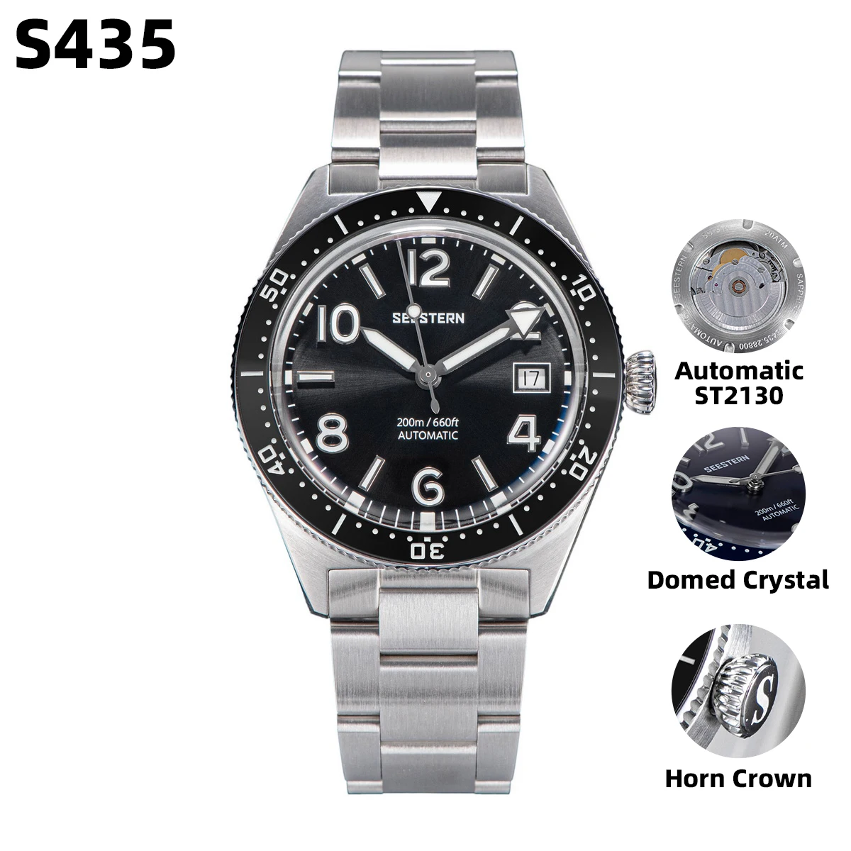 5 automatic movement 200m waterproof mechanical wristwatches luminous sapphire skeleton thumb200