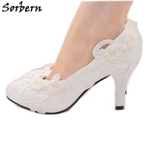 White Chinese Knot Wedding Shoes Bride High Heels Flower Slip On Ladies Pump Pat - £62.21 GBP