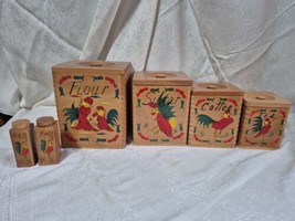 Vtg. Wooden Hand Carved 6 Piece Rooster Nesting Box Canister Set w Shakers, Box - £26.13 GBP