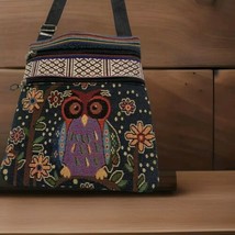 Owl Tapestry Crossbody Embroidered Canvas Bag Adjustable Strap Double Zi... - $6.79