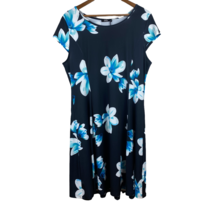 Lily By Firmiana Dress XL Navy Blue White Floral A-Line Short Sleeve Stretch New - £19.54 GBP