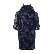 Lauren Ralph Lauren Sz 4 Cold Shoulder Floral Dress Blue Black Lace $190! - £30.96 GBP