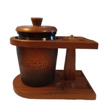 Vintage Dun-Rite Wood Humidor 4 Pipe Stand Holder Amber Glass Tobacco Jar - $46.71