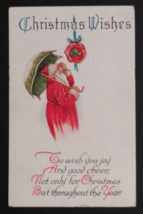 Christmas Wishes &amp; Joy Santa w/ Umbrella Mistletoe Embossed Postcard c1910s - £11.72 GBP