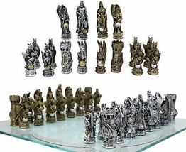Ebros Silver and Gold King Arthur Merlin Dragons Chess Pieces with Board Set - £67.66 GBP