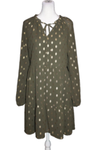 Kirundo Olive Green Metallic Gold Dot Dress Size Medium V-Neck Ruffle Lined - £17.69 GBP
