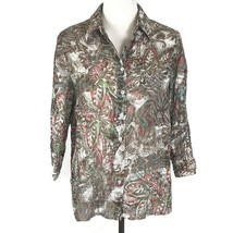 Chicos Womens Shirt Size 1=8/M Brown &amp; Coral Button Up Metallic Button Up Blouse - £22.41 GBP