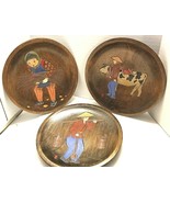 3 Wooden Carved &amp; Painted Round Plate Wall Plaque Chinese Farming Scene - £8.95 GBP