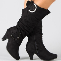 Winter Knee High Boots Autumn Faux Suede Wide Pleated Slouchy Buckle 5cm Spike H - £43.84 GBP