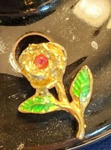 Vintage Gold Tone Rose With Red Center &amp; Green Leaves Lapel Hat Pin - $3.99