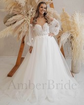 A-Line Tulle Wedding Dress, Bohemian Wedding Dress, Long Puffy Sleeve We... - $314.50