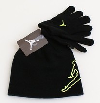 Nike Jordan Black &amp; Volt Knit Beanie &amp; Stretch Gloves Youth Boy&#39;s 8-20 NWT - £23.70 GBP