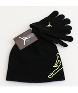 Nike Jordan Black &amp; Volt Knit Beanie &amp; Stretch Gloves Youth Boy&#39;s 8-20 NWT - £23.73 GBP