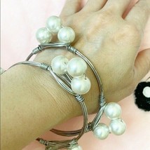 Fashion Pearl Bangle Bracelet Women Set of 2 pieces Slip on 2.75&quot; silver... - $16.50
