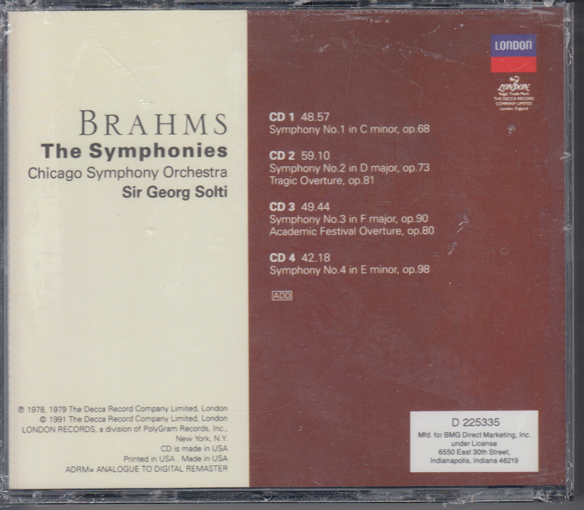 Brahms The Symphonies Chicago Symphony Orchestra (4-CD Set) Classical BMG Club Item image 2