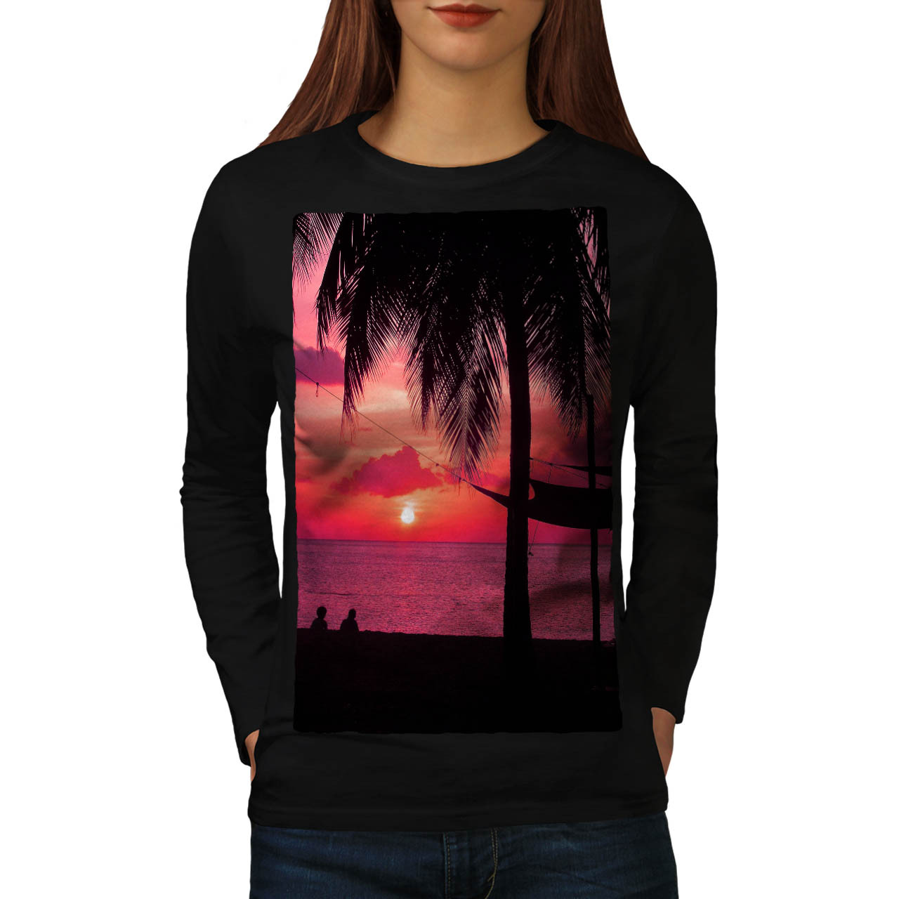 Romantic Sunset Tee Beach Palm Tree Women Long Sleeve T-shirt - $14.99