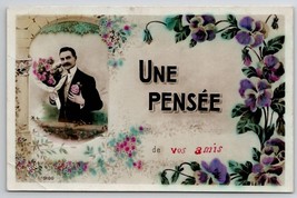 Handsome French Man Flowers Souvenir RPPC Hand Colored Photo Postcard V23 - £5.55 GBP