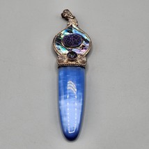 Sajen Sterling Silver 925 Druzy Pendant Abalone Blue Large Wand 4.75&quot; - £90.67 GBP