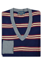 Brooks Brothers Mens Blue Striped Merino Wool V-Neck Sweater, Large L 83... - $73.76
