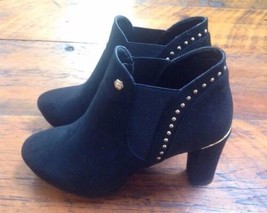 Black Leather Suede Gold Trim Studded Chunky High Heel Booties Boots 37 6.5 - £23.53 GBP