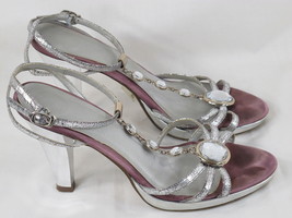 SHOE BOX Purple &amp; Silver Leather Open Toe Ankle Strap Heels 6 M US Excel... - $24.63